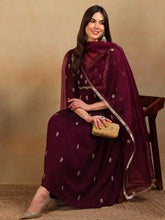 Women Purple Silk Blend Embroidered A-Line Kurta Pant Set With Dupatta